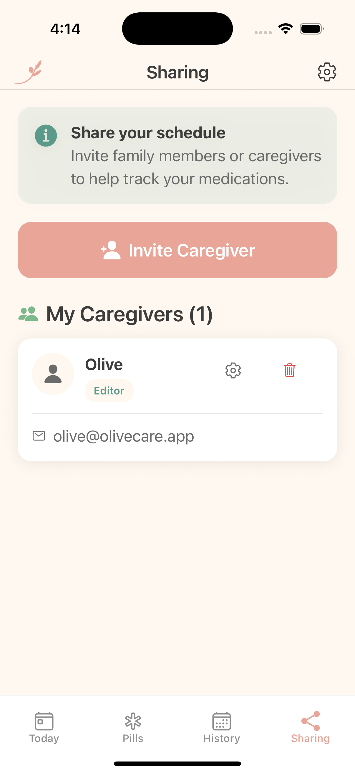 OliveCare Sharing screen to invite caregivers