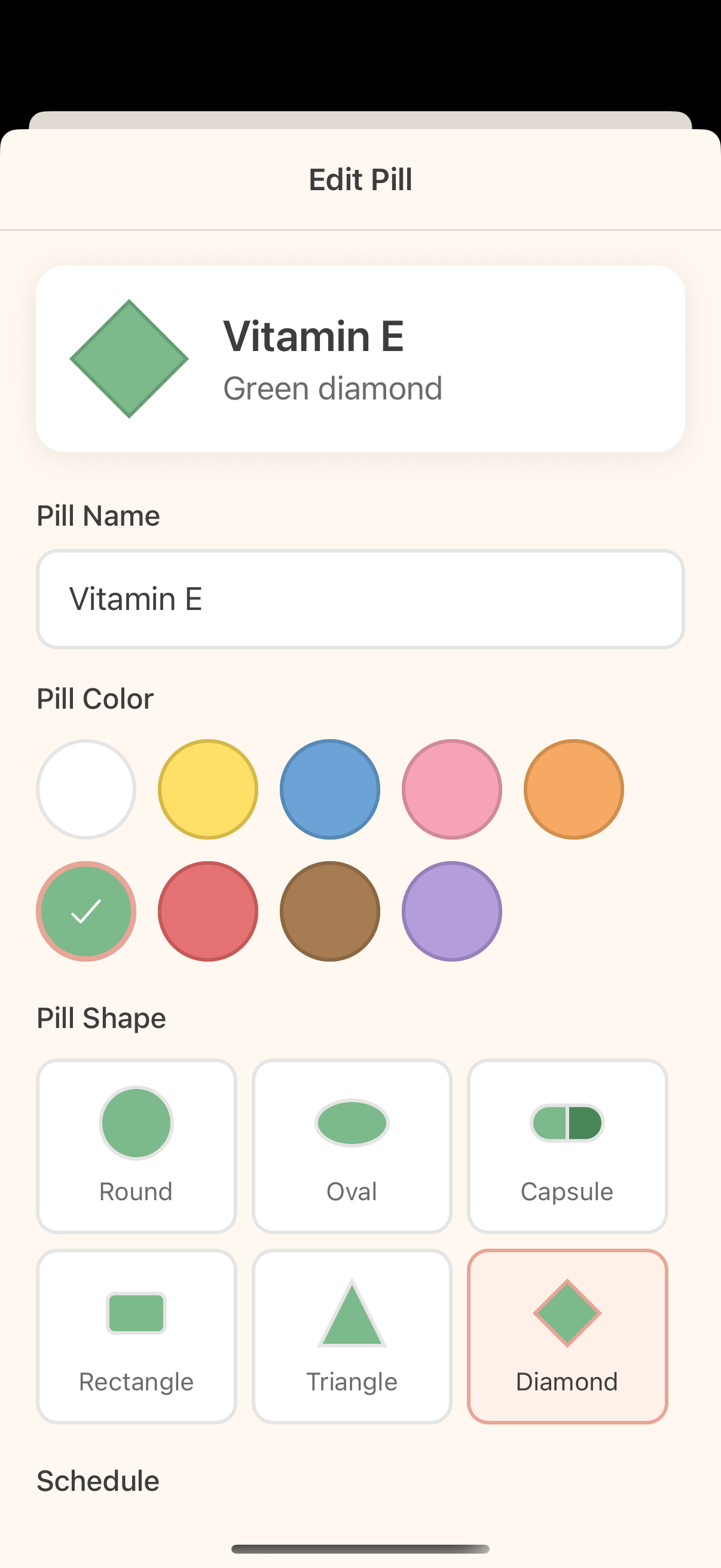 OliveCare Edit Pill screen with color and shape picker