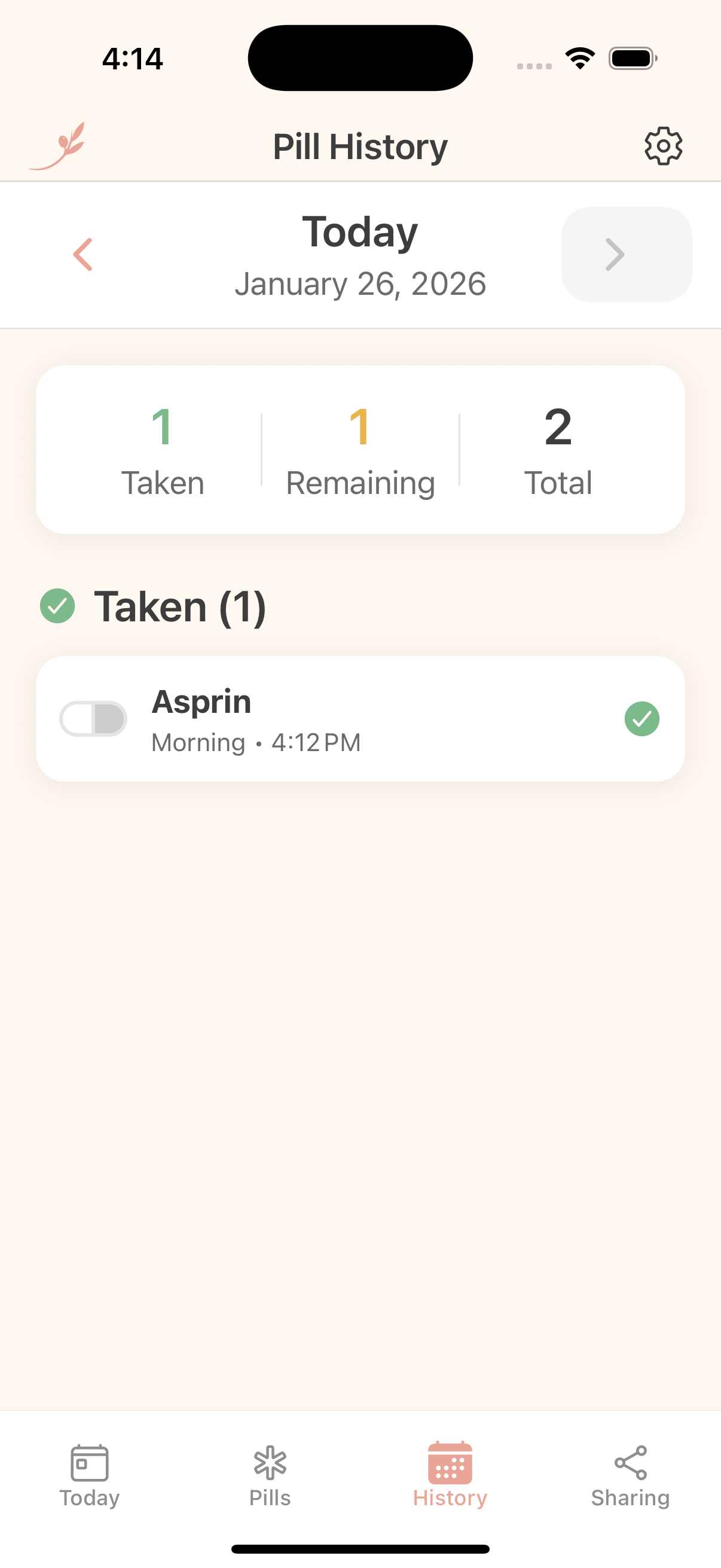 OliveCare Pill History screen showing medication adherence